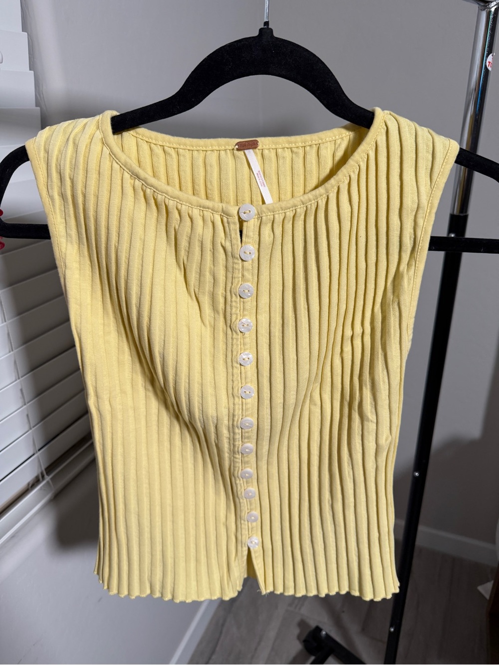 Free People Ribbed Button-Front Tank Top - Yellow